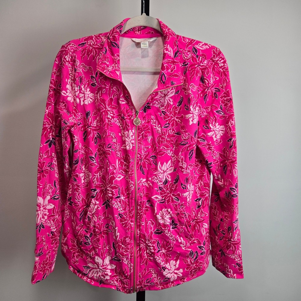 Lilly Pulitzer Leona Pink Floral Full Zip Jacket Mock Neck Cotton UPF 50 Med